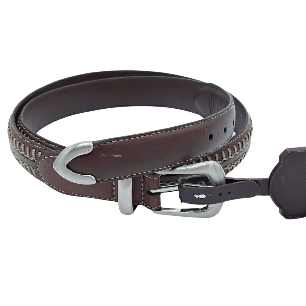 NWT Fossil Brown Leather Topstitched Waist Belt Silver Buckle Men's Size 42